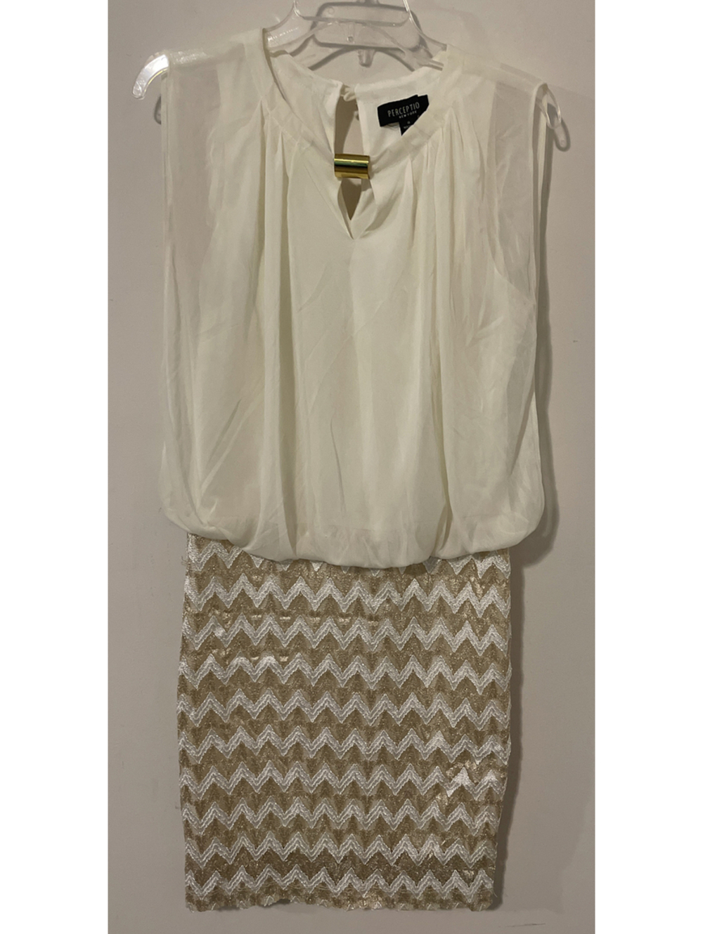 Perception Womens Size 8 Ivory & Gold Sleeveless Bodycon Short Dress! A4466